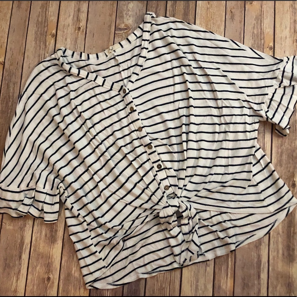 Waffle Weave Striped Knot Front Top